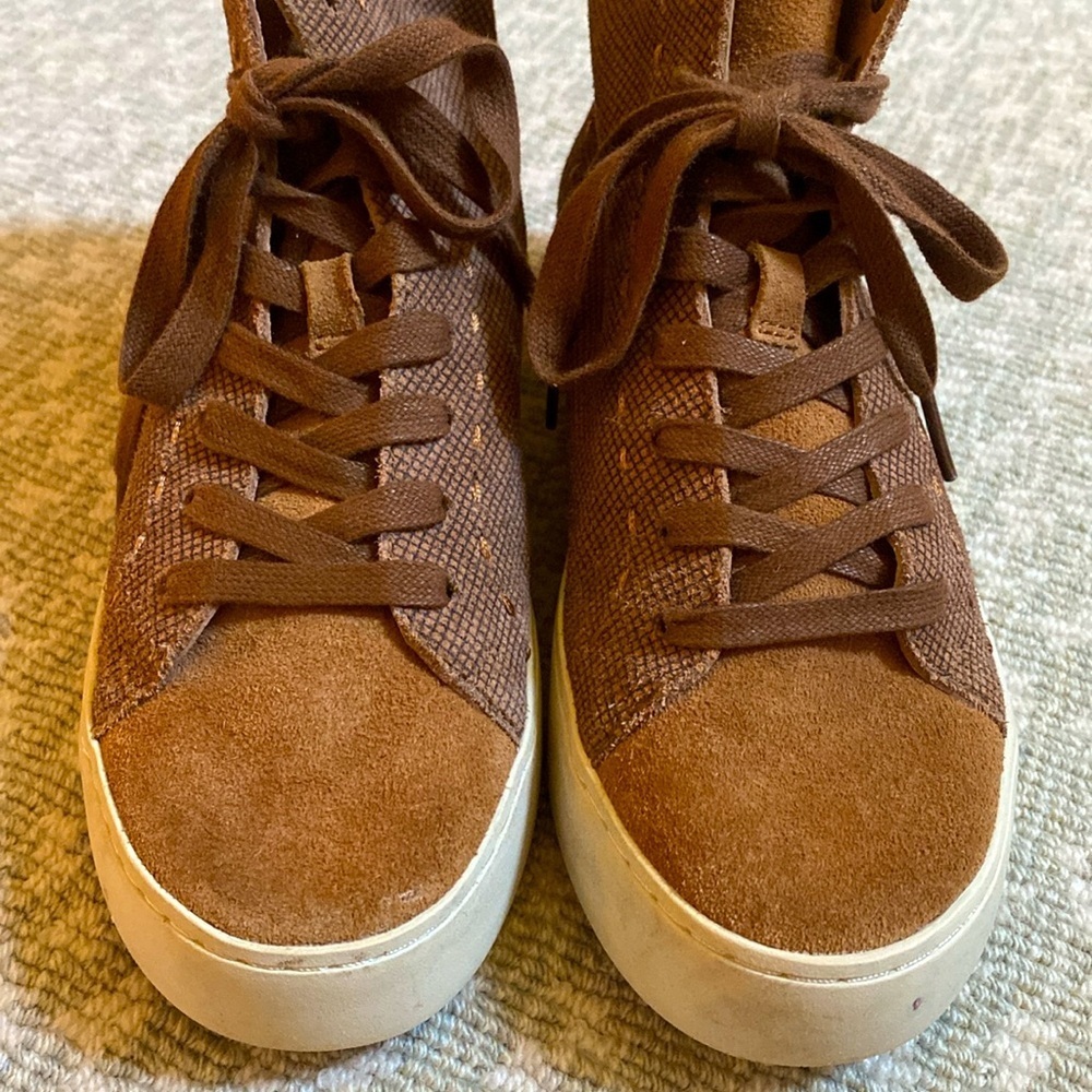 Frye Lena Suede Leather High Top Lace Up Sneakers Camel Brown Size 5.5